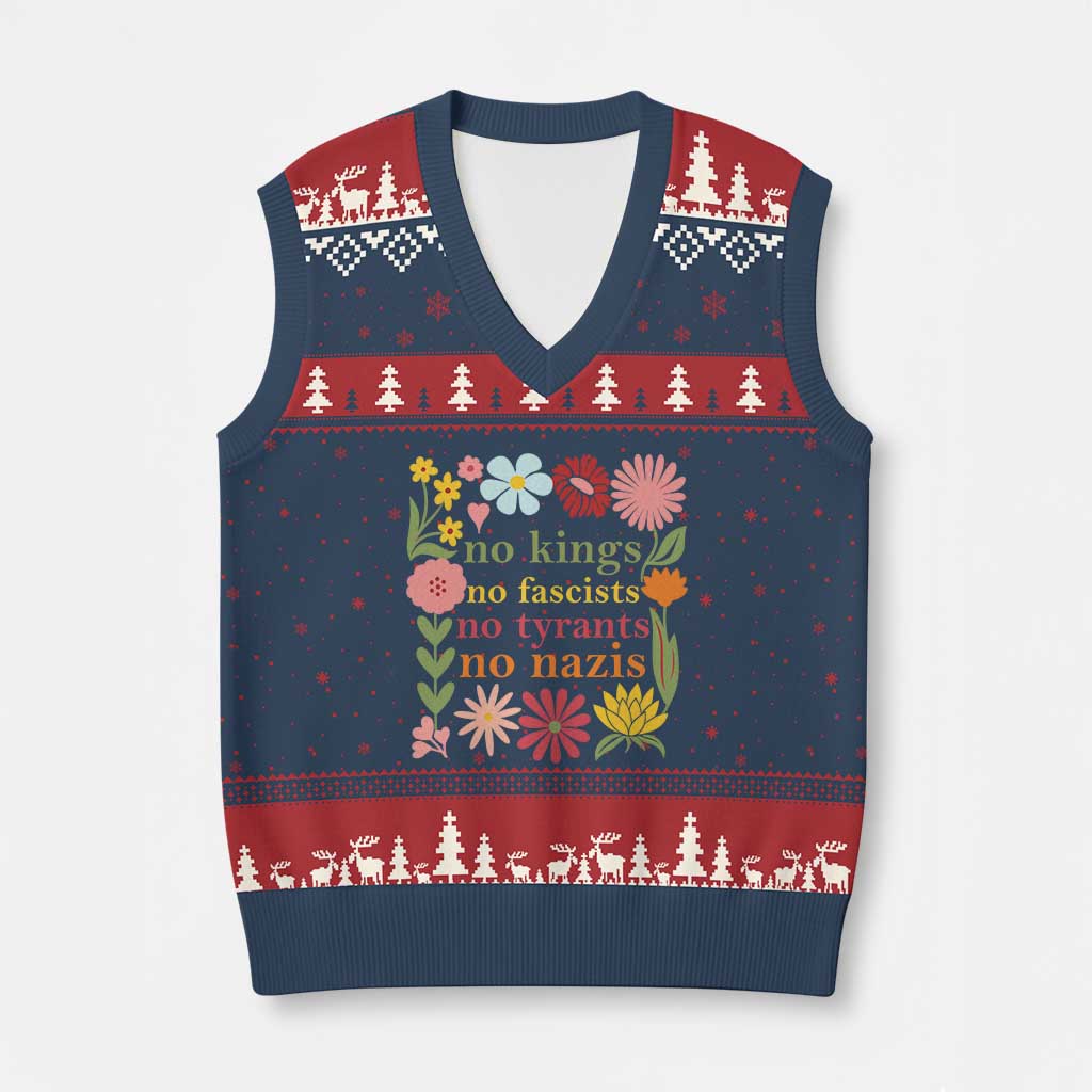 No Kings No Fascists No Tyrants No Nazis V-Neck Knit Sweater Vest Subtle Resist Retro Boho Floral TS02 Navy Red Print Your Wear