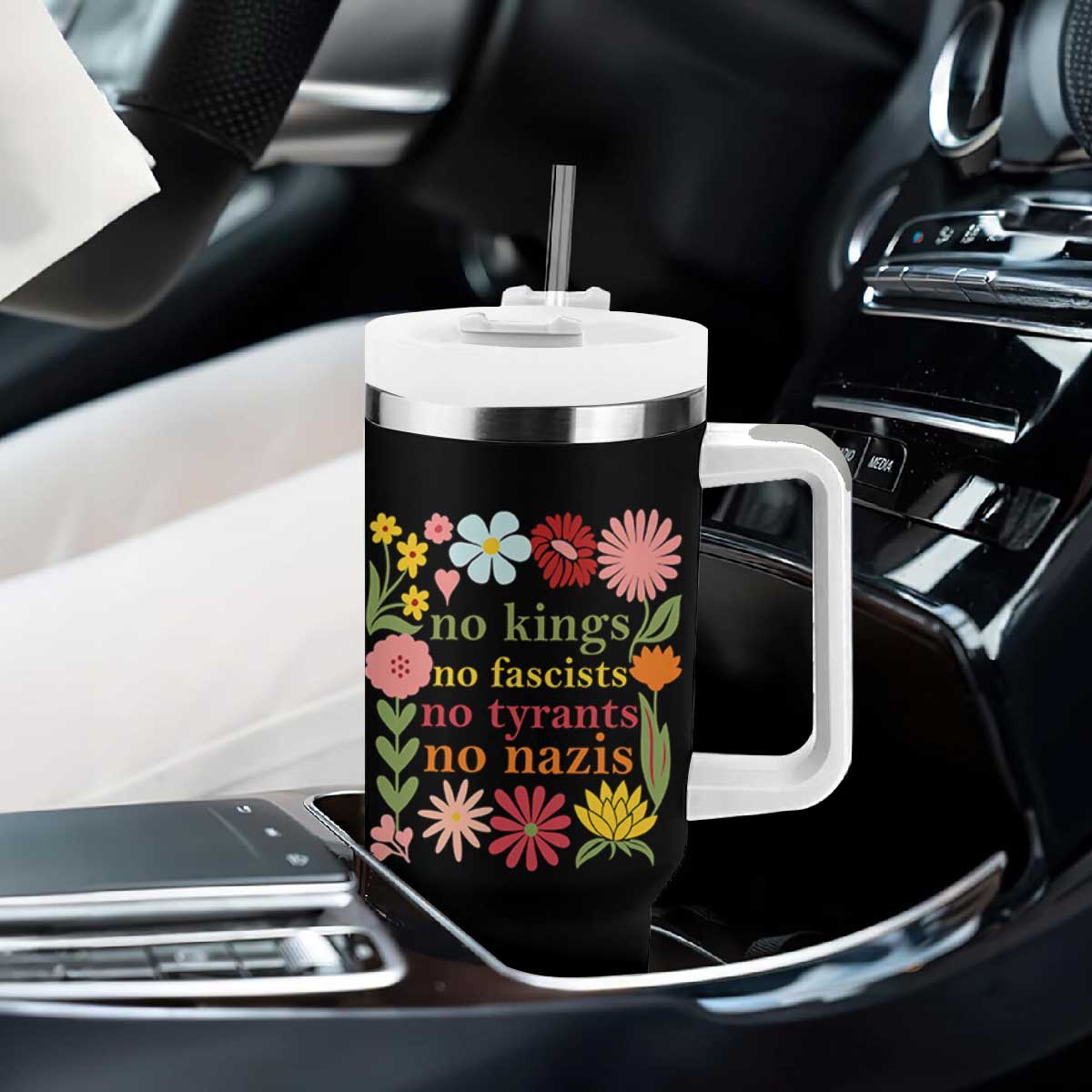 No Kings No Fascists No Tyrants No Nazis Tumbler With Handle Subtle Resist Retro Boho Floral TS02 Print Your Wear