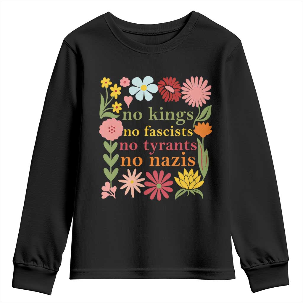 No Kings No Fascists No Tyrants No Nazis Youth Sweatshirt Subtle Resist Retro Boho Floral TS02 Black Print Your Wear