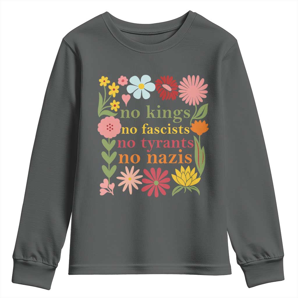 No Kings No Fascists No Tyrants No Nazis Youth Sweatshirt Subtle Resist Retro Boho Floral TS02 Dark Heather Print Your Wear