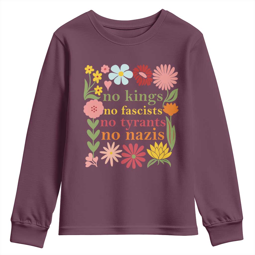No Kings No Fascists No Tyrants No Nazis Youth Sweatshirt Subtle Resist Retro Boho Floral TS02 Maroon Print Your Wear