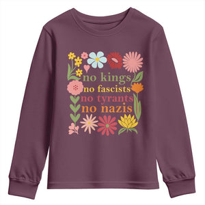 No Kings No Fascists No Tyrants No Nazis Youth Sweatshirt Subtle Resist Retro Boho Floral TS02 Maroon Print Your Wear