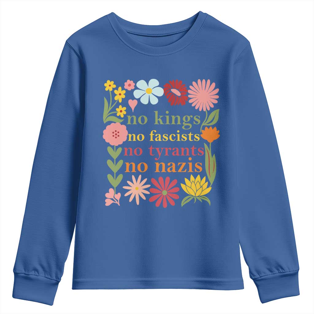 No Kings No Fascists No Tyrants No Nazis Youth Sweatshirt Subtle Resist Retro Boho Floral TS02 Royal Blue Print Your Wear
