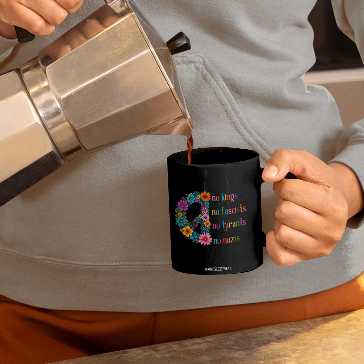 No Kings No Fascists No Tyrants No Nazis Coffee Mug Resist Retro Boho Floral Peace Sign TS02 Print Your Wear