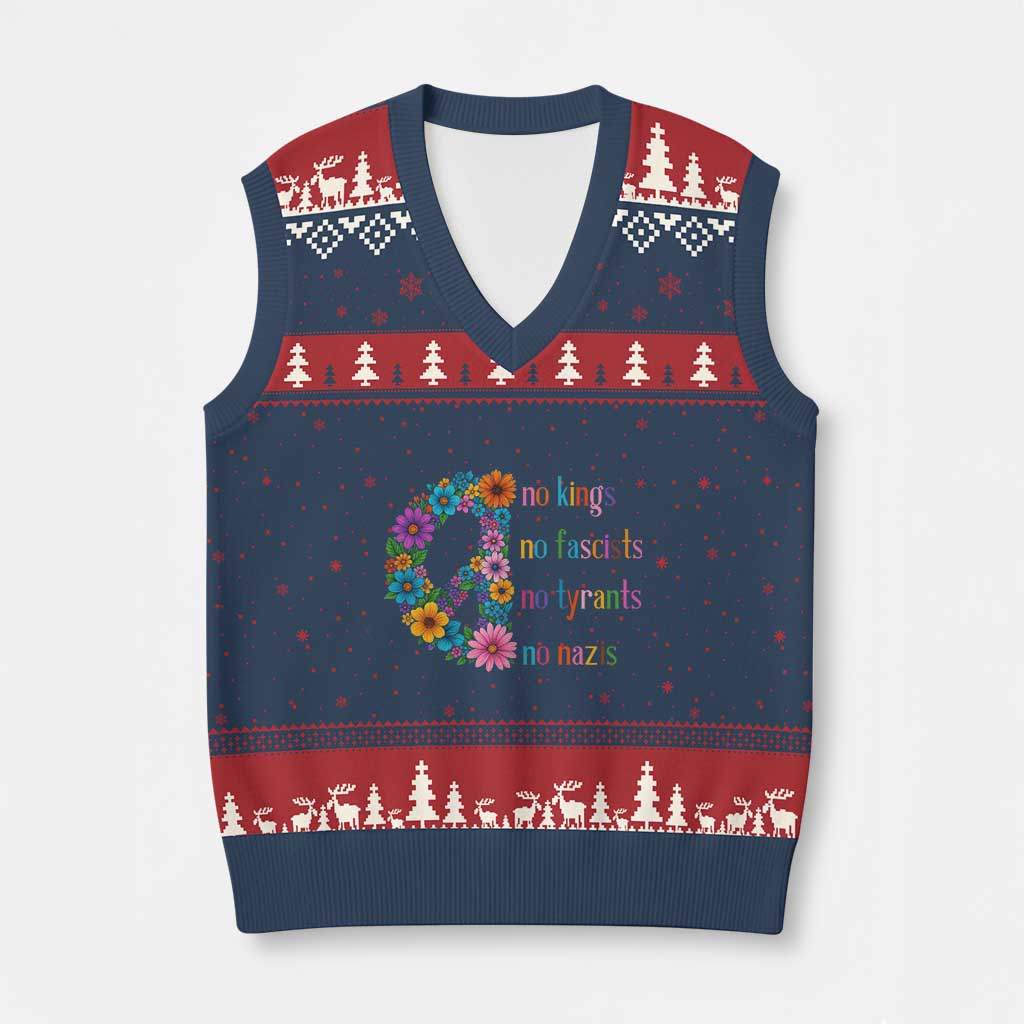 No Kings No Fascists No Tyrants No Nazis V-Neck Knit Sweater Vest Resist Retro Boho Floral Peace Sign TS02 Navy Red Print Your Wear