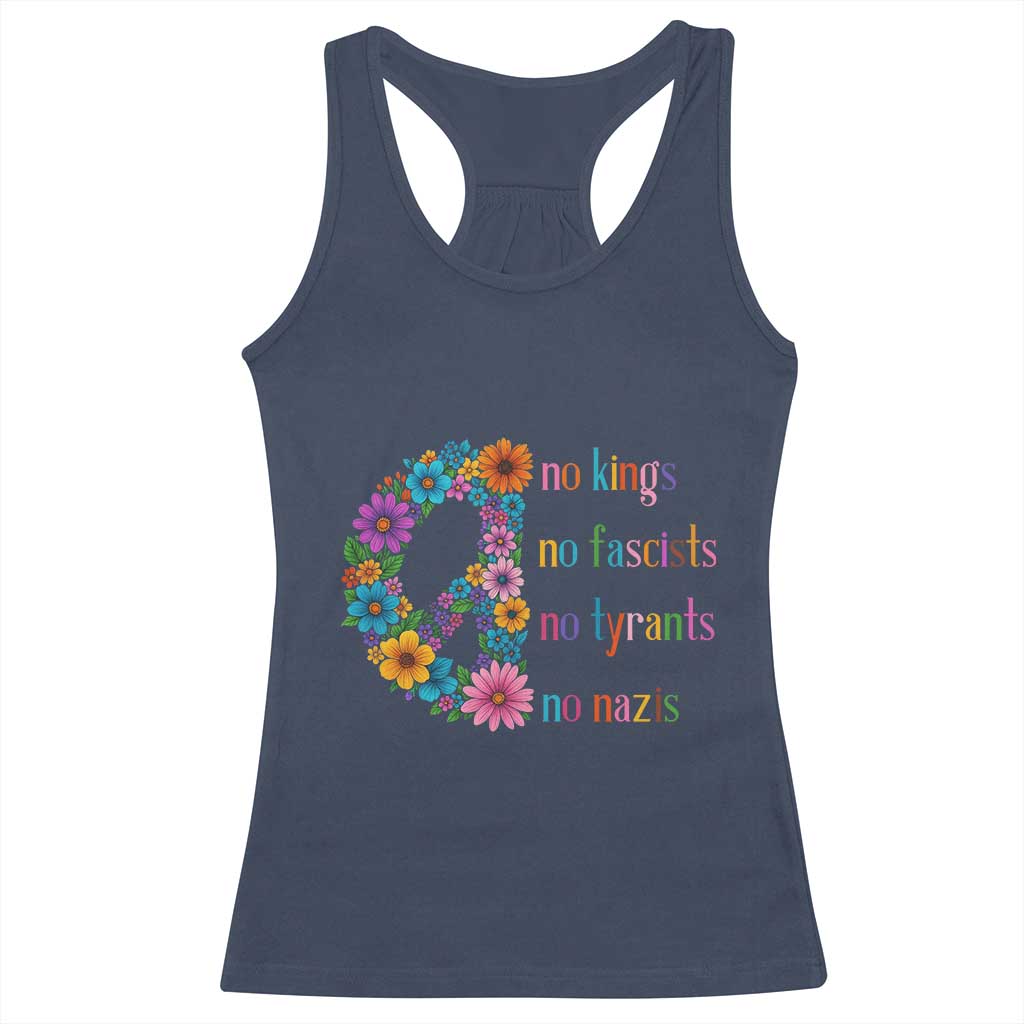 No Kings No Fascists No Tyrants No Nazis Racerback Tank Top Resist Retro Boho Floral Peace Sign TS02 Navy Print Your Wear