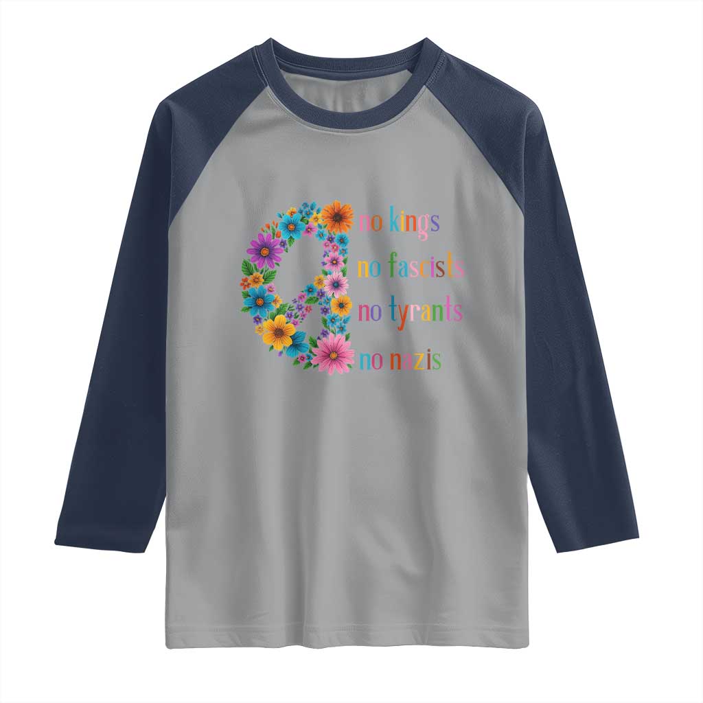 No Kings No Fascists No Tyrants No Nazis Raglan Shirt Resist Retro Boho Floral Peace Sign TS02 Sport Gray Navy Print Your Wear