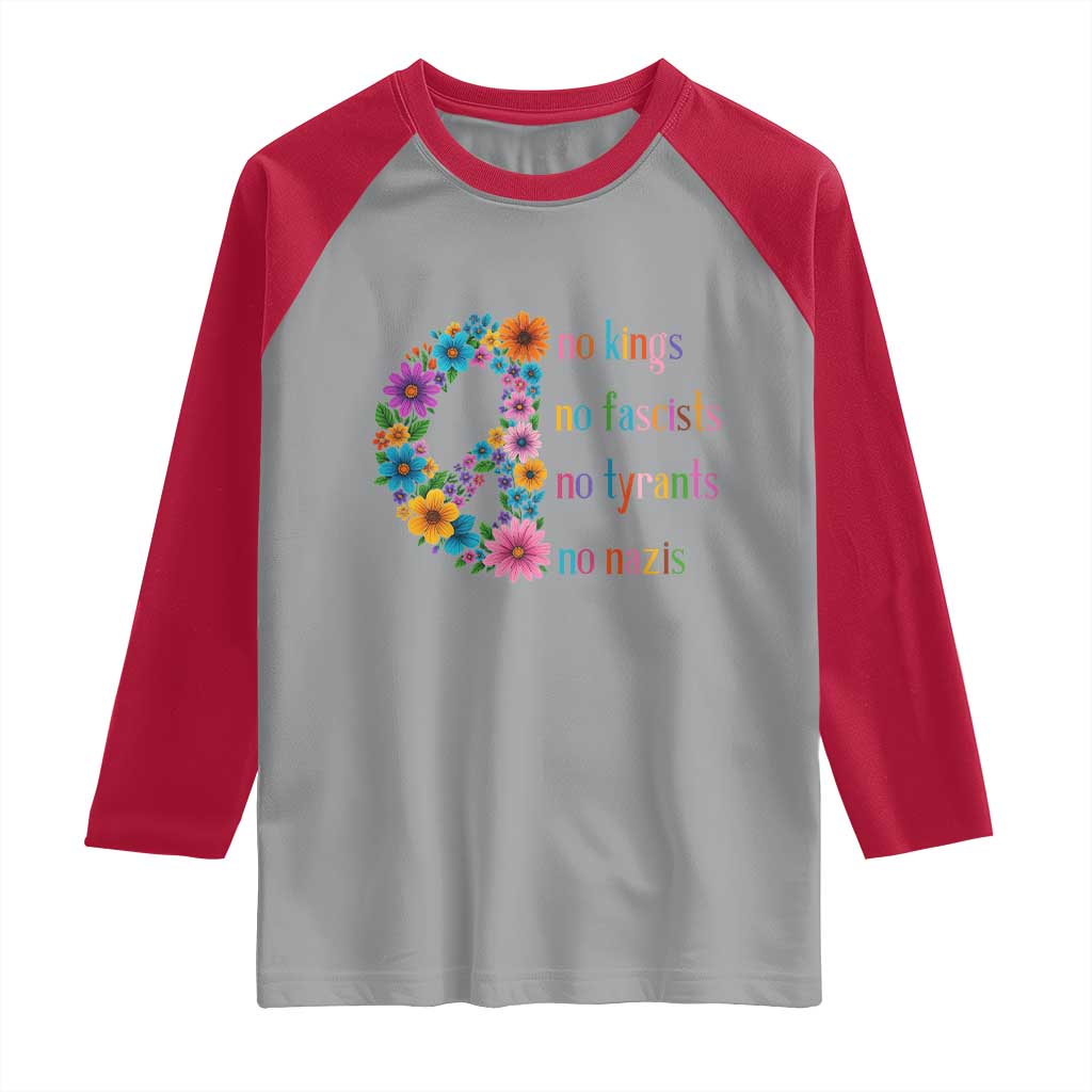 No Kings No Fascists No Tyrants No Nazis Raglan Shirt Resist Retro Boho Floral Peace Sign TS02 Sport Gray Red Print Your Wear