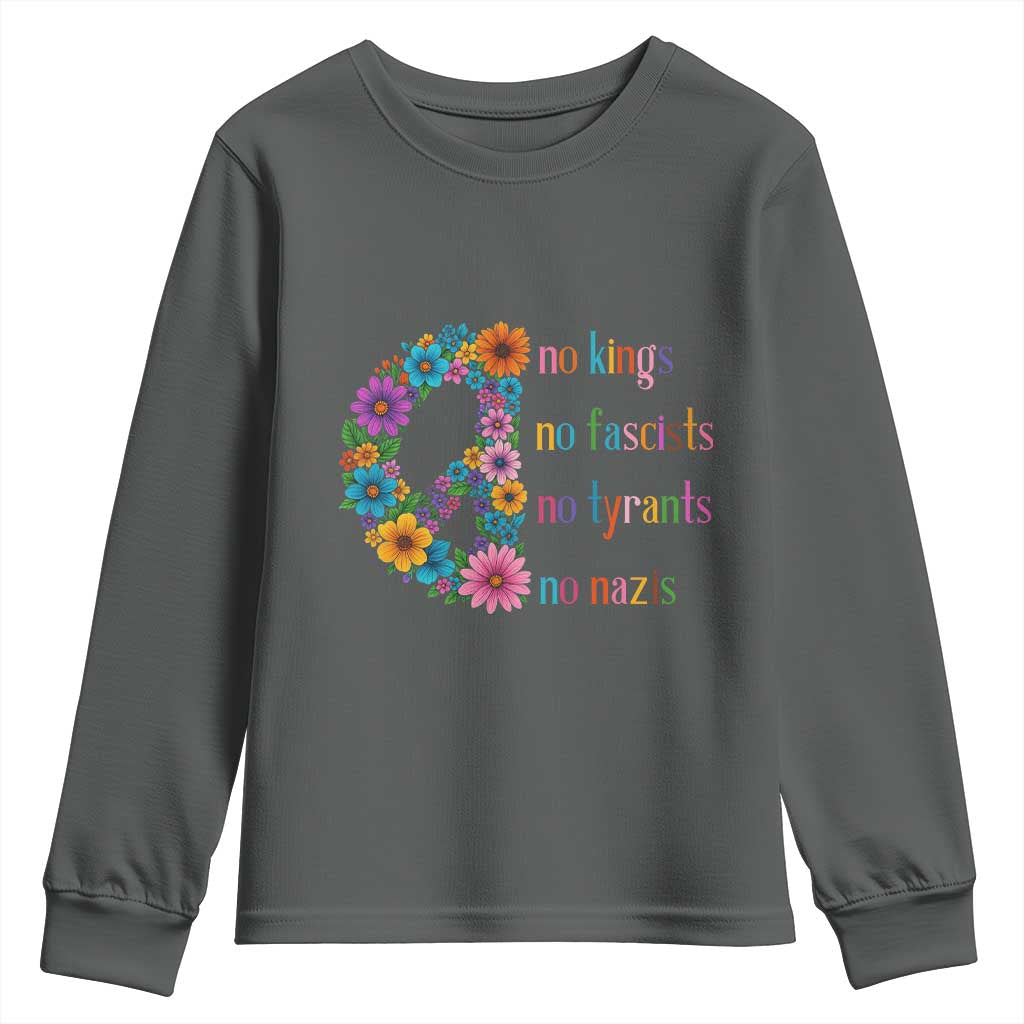 No Kings No Fascists No Tyrants No Nazis Youth Sweatshirt Resist Retro Boho Floral Peace Sign TS02 Dark Heather Print Your Wear