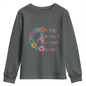 No Kings No Fascists No Tyrants No Nazis Youth Sweatshirt Resist Retro Boho Floral Peace Sign TS02 Dark Heather Print Your Wear