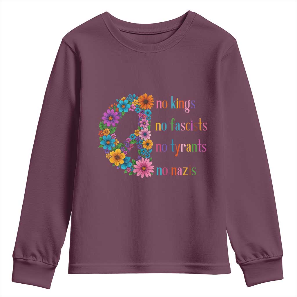 No Kings No Fascists No Tyrants No Nazis Youth Sweatshirt Resist Retro Boho Floral Peace Sign TS02 Maroon Print Your Wear