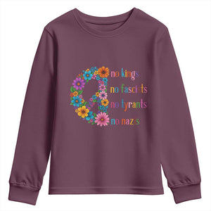 No Kings No Fascists No Tyrants No Nazis Youth Sweatshirt Resist Retro Boho Floral Peace Sign TS02 Maroon Print Your Wear