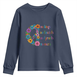 No Kings No Fascists No Tyrants No Nazis Youth Sweatshirt Resist Retro Boho Floral Peace Sign TS02 Navy Print Your Wear