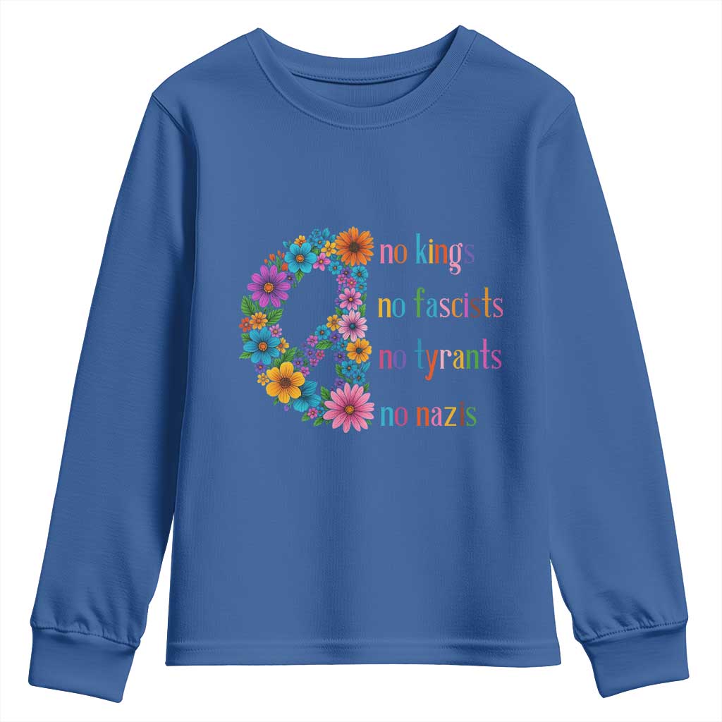 No Kings No Fascists No Tyrants No Nazis Youth Sweatshirt Resist Retro Boho Floral Peace Sign TS02 Royal Blue Print Your Wear