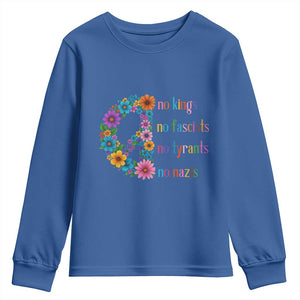 No Kings No Fascists No Tyrants No Nazis Youth Sweatshirt Resist Retro Boho Floral Peace Sign TS02 Royal Blue Print Your Wear