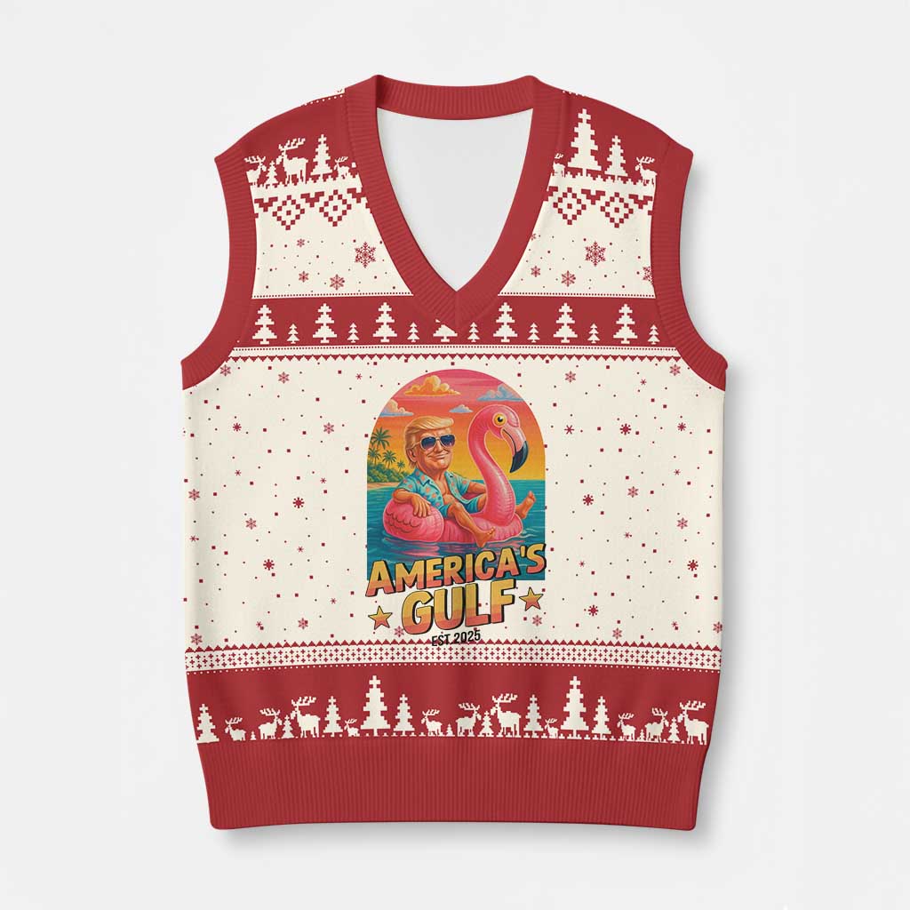 Americas Gulf Est 2025 V-Neck Knit Sweater Vest Funny Trump Flamingo Float Patriotic Beach TS02 Beige Red Print Your Wear