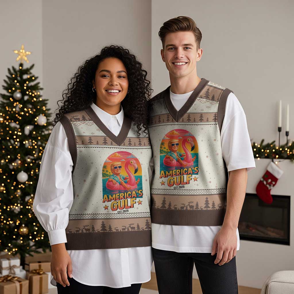 Americas Gulf Est 2025 V-Neck Knit Sweater Vest Funny Trump Flamingo Float Patriotic Beach TS02 Mocha Mousse Print Your Wear