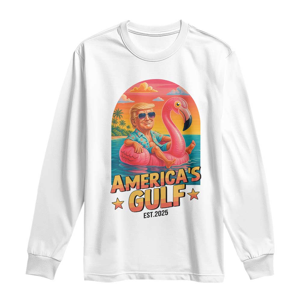 Americas Gulf Est 2025 Long Sleeve Shirt Funny Trump Flamingo Float Patriotic Beach TS02 White Print Your Wear