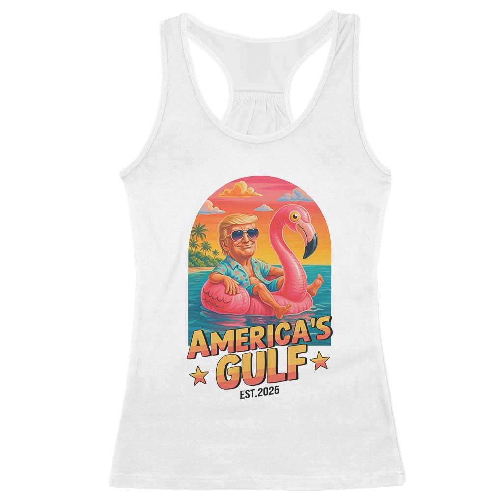 Americas Gulf Est 2025 Racerback Tank Top Funny Trump Flamingo Float Patriotic Beach TS02 White Print Your Wear