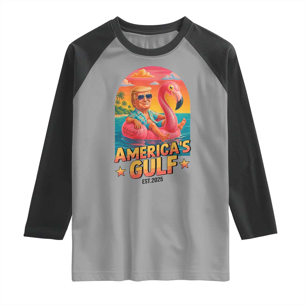 Americas Gulf Est 2025 Raglan Shirt Funny Trump Flamingo Float Patriotic Beach TS02 Sport Gray Black Print Your Wear