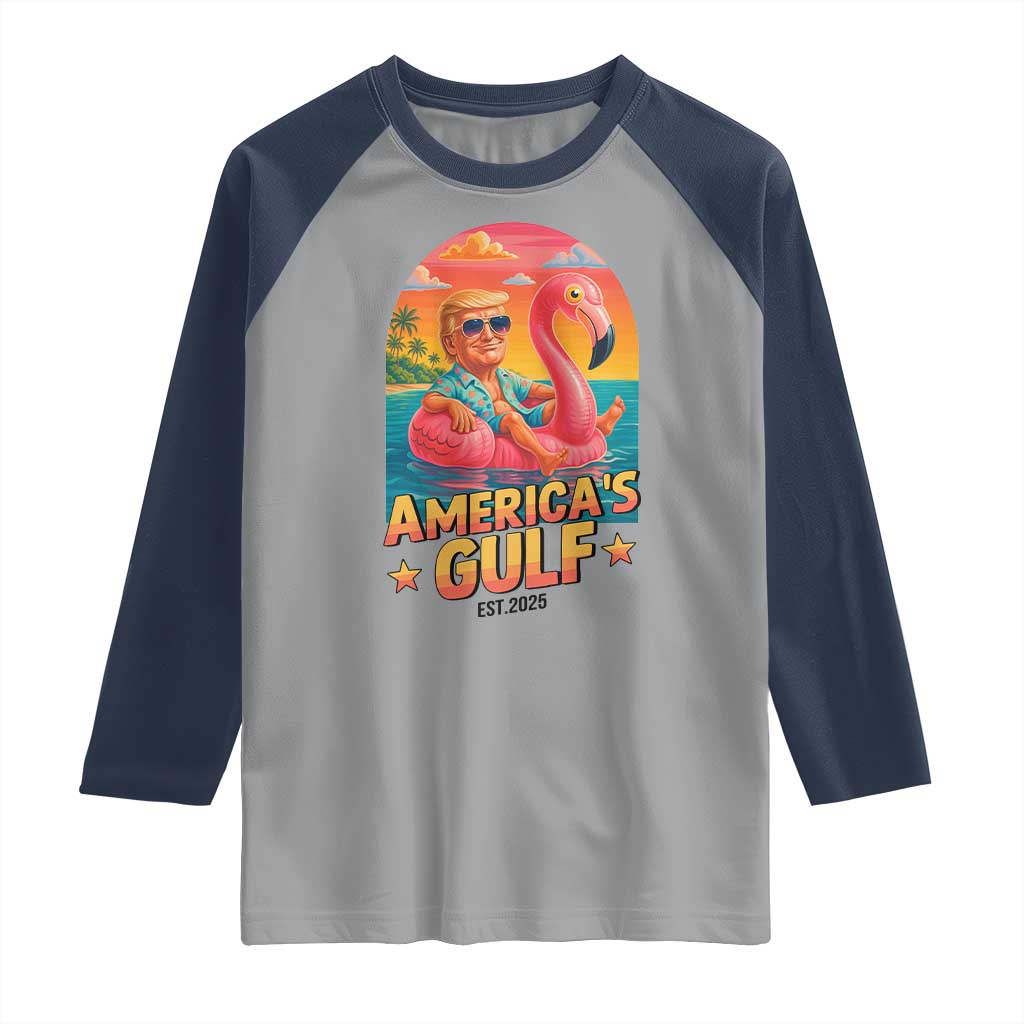 Americas Gulf Est 2025 Raglan Shirt Funny Trump Flamingo Float Patriotic Beach TS02 Sport Gray Navy Print Your Wear