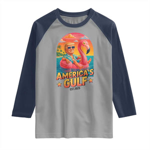 Americas Gulf Est 2025 Raglan Shirt Funny Trump Flamingo Float Patriotic Beach TS02 Sport Gray Navy Print Your Wear