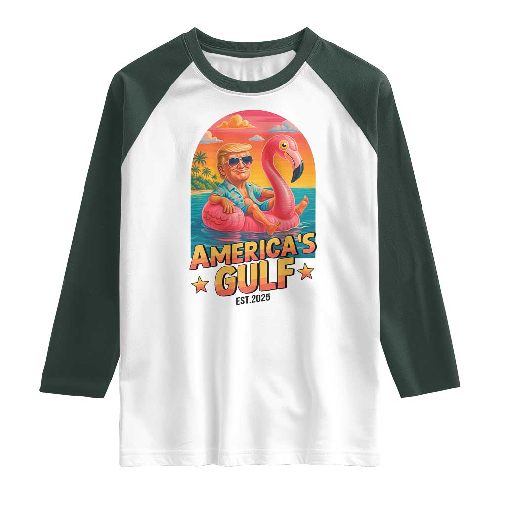 Americas Gulf Est 2025 Raglan Shirt Funny Trump Flamingo Float Patriotic Beach TS02 White Dark Forest Green Print Your Wear