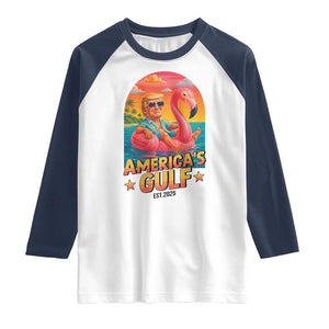 Americas Gulf Est 2025 Raglan Shirt Funny Trump Flamingo Float Patriotic Beach TS02 White Navy Print Your Wear