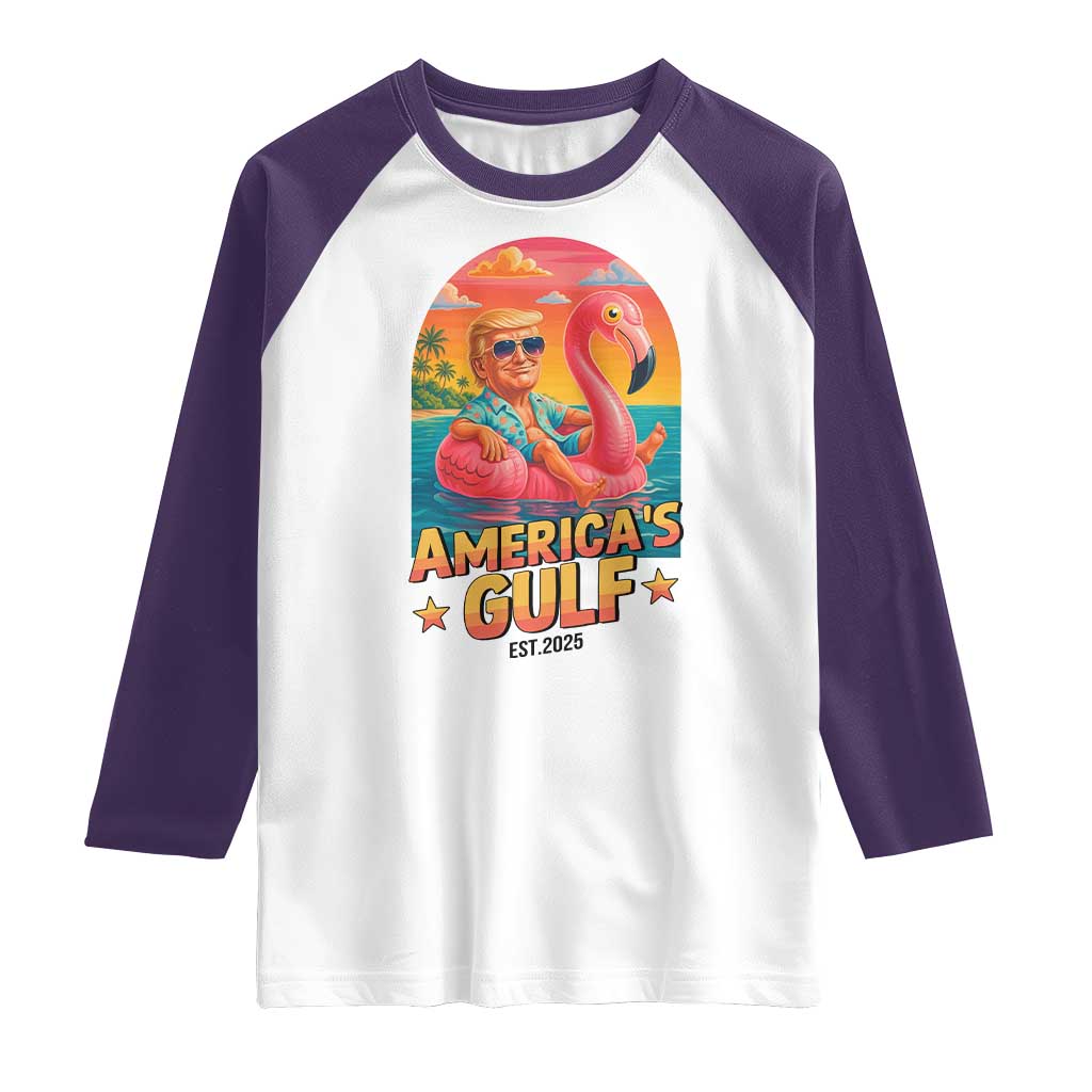Americas Gulf Est 2025 Raglan Shirt Funny Trump Flamingo Float Patriotic Beach TS02 White Purple Print Your Wear