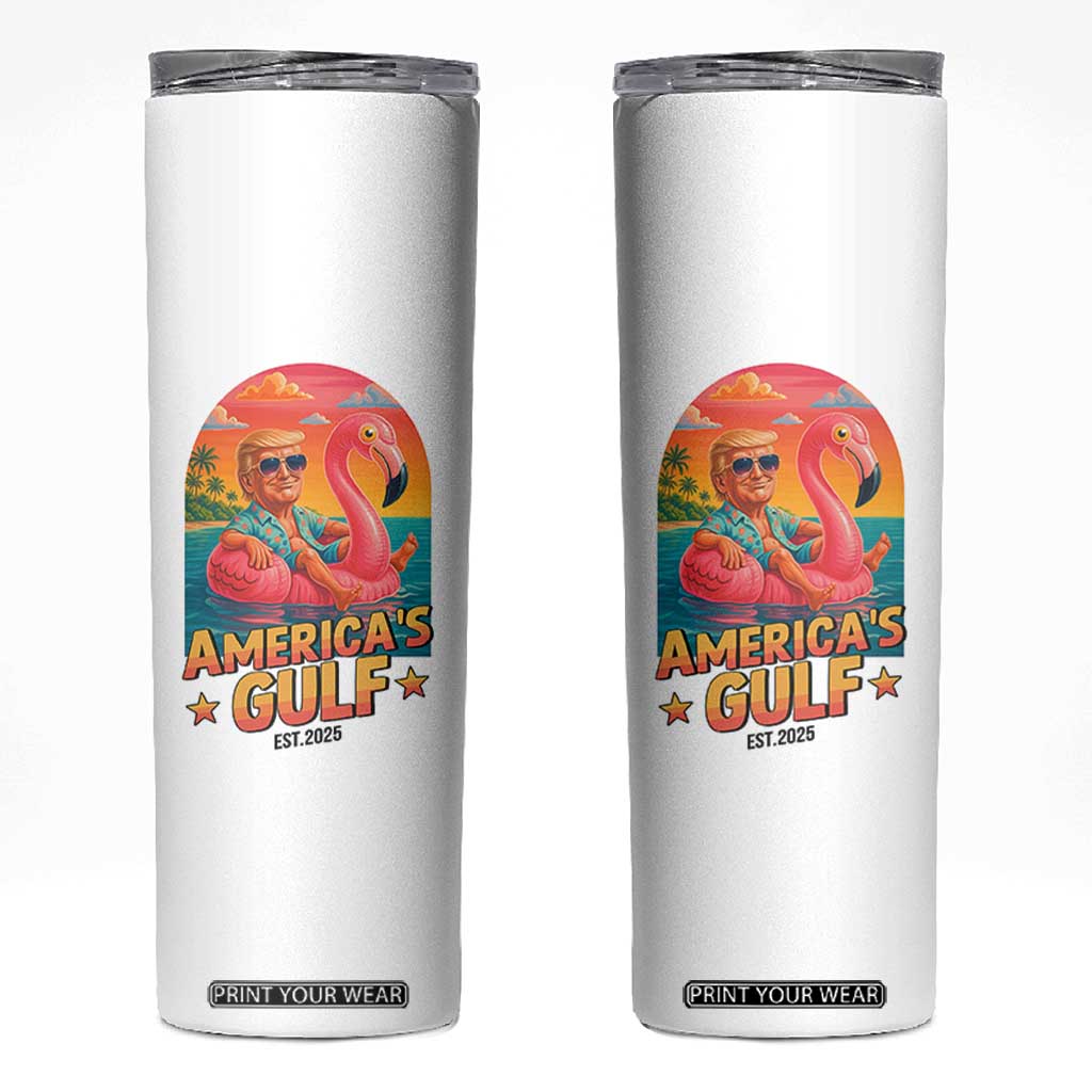 Americas Gulf Est 2025 Skinny Tumbler Funny Trump Flamingo Float Patriotic Beach TS02 White Print Your Wear