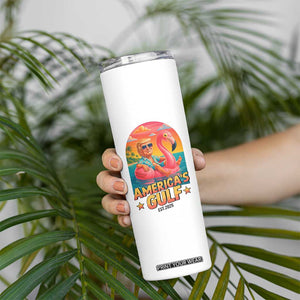 Americas Gulf Est 2025 Skinny Tumbler Funny Trump Flamingo Float Patriotic Beach TS02 Print Your Wear