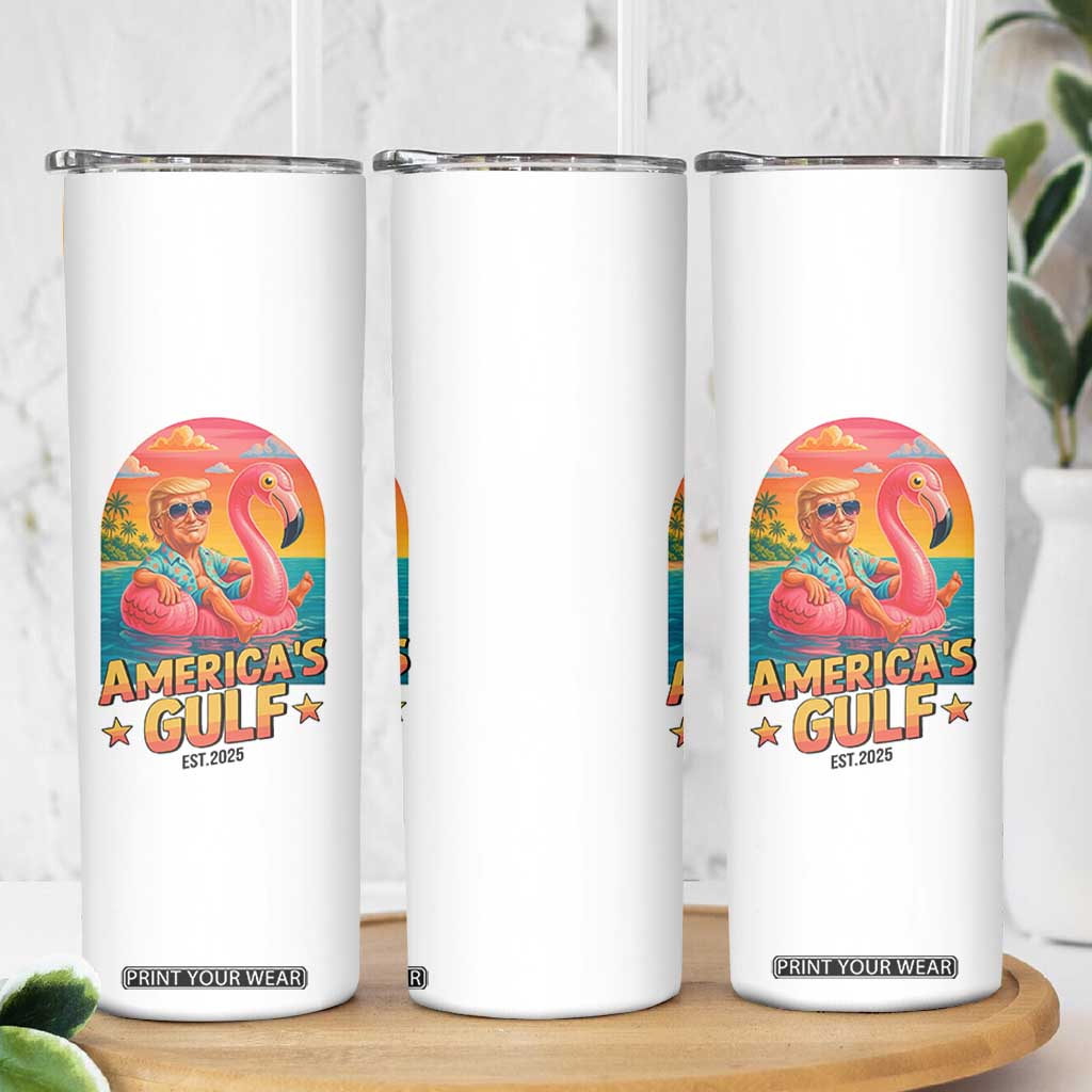 Americas Gulf Est 2025 Skinny Tumbler Funny Trump Flamingo Float Patriotic Beach TS02 Print Your Wear