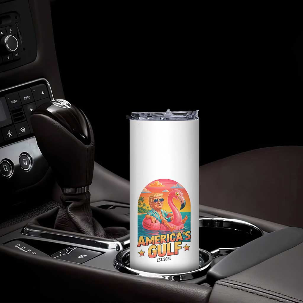 Americas Gulf Est 2025 Skinny Tumbler Funny Trump Flamingo Float Patriotic Beach TS02 Print Your Wear