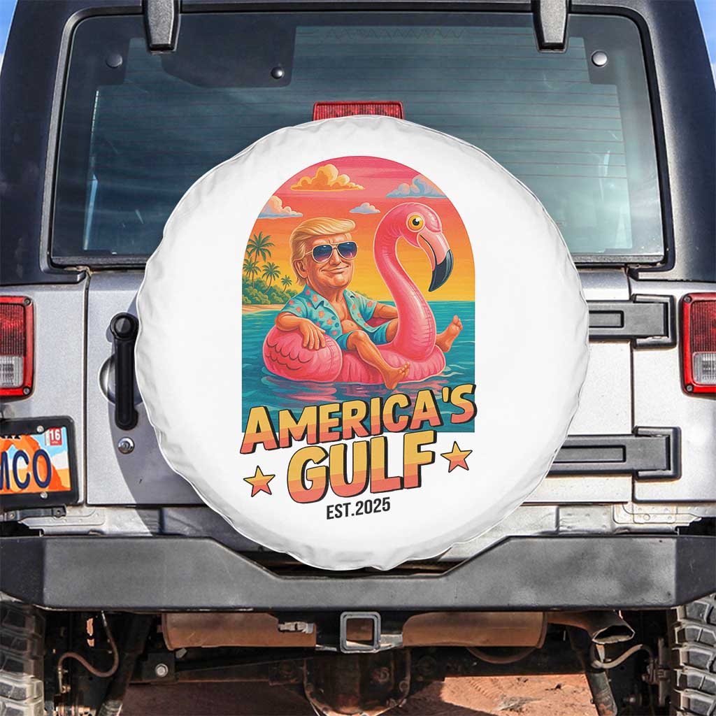 Americas Gulf Est 2025 Spare Tire Cover Funny Trump Flamingo Float Patriotic Beach TS02 No hole White Print Your Wear
