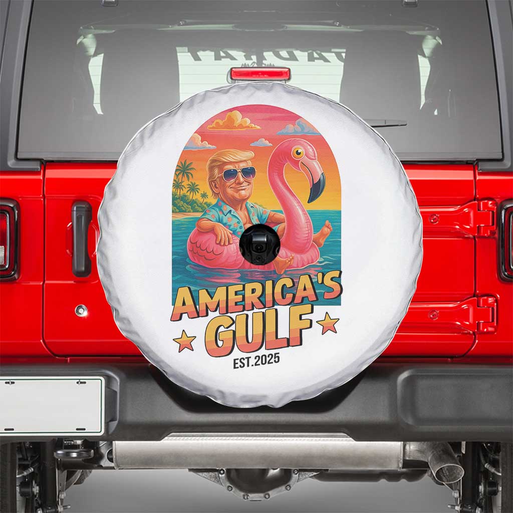 Americas Gulf Est 2025 Spare Tire Cover Funny Trump Flamingo Float Patriotic Beach TS02 White Print Your Wear