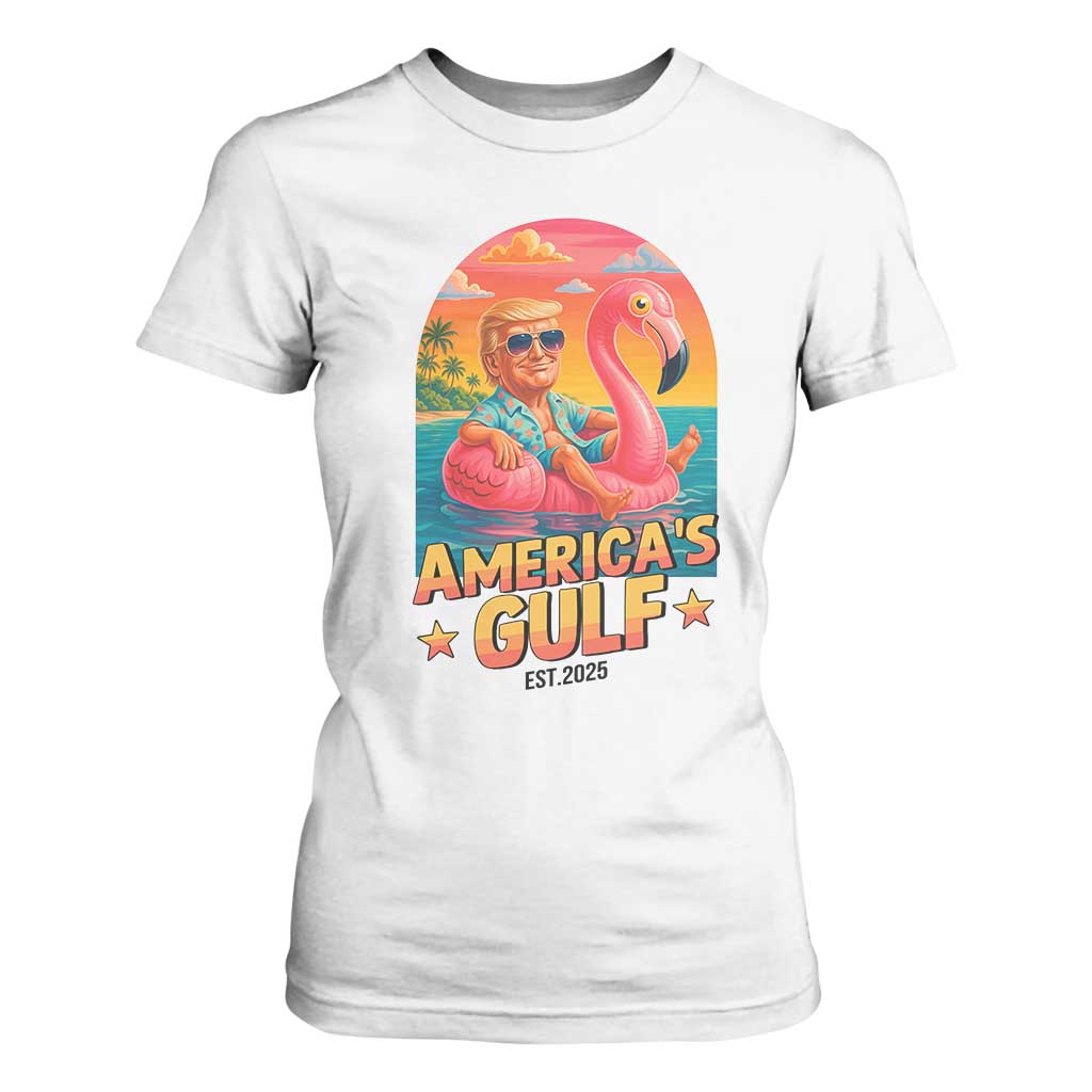 Americas Gulf Est 2025 T Shirt For Women Funny Trump Flamingo Float Patriotic Beach TS02 White Print Your Wear