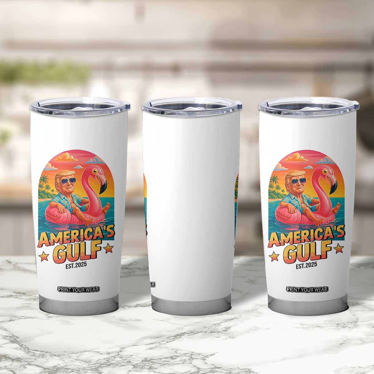 Americas Gulf Est 2025 Tumbler Cup Funny Trump Flamingo Float Patriotic Beach TS02 Print Your Wear