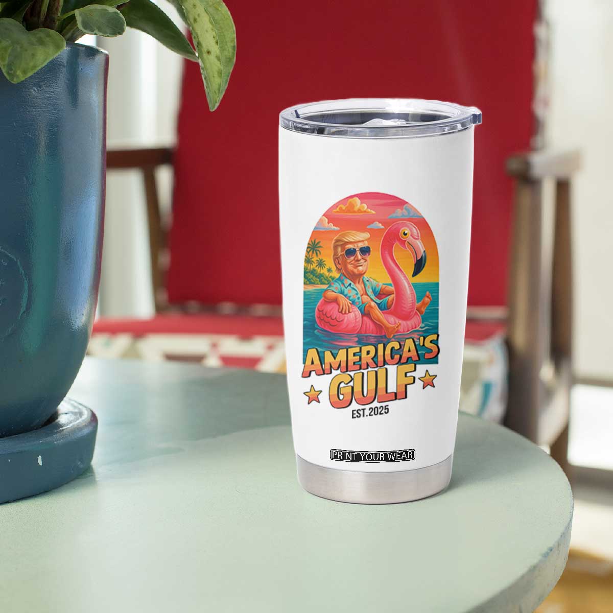Americas Gulf Est 2025 Tumbler Cup Funny Trump Flamingo Float Patriotic Beach TS02 Print Your Wear