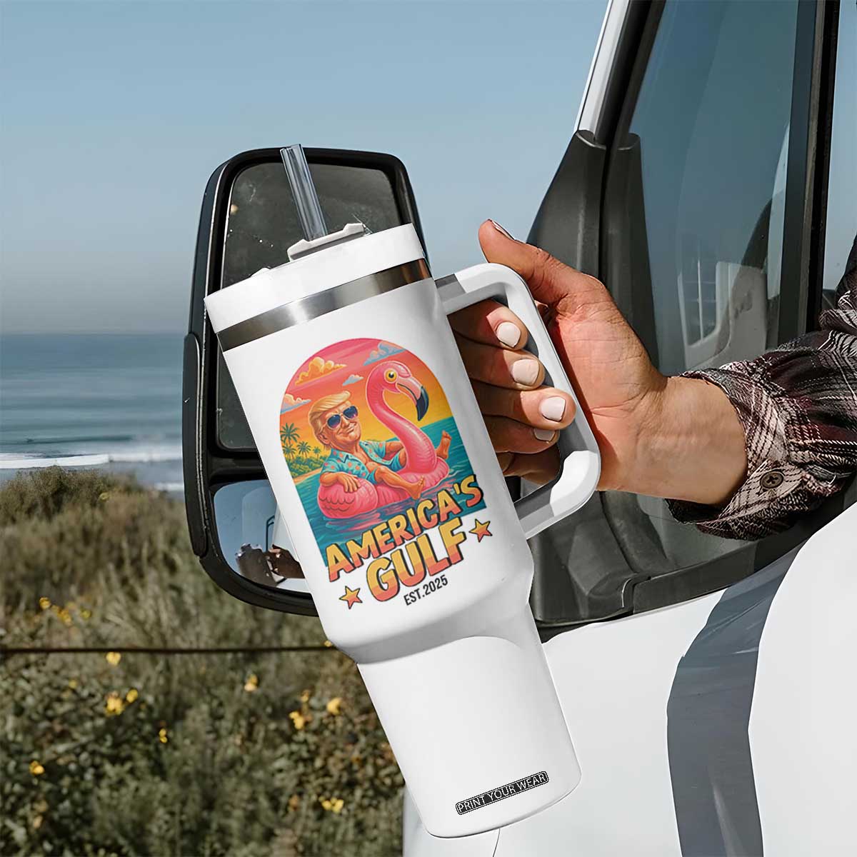 Americas Gulf Est 2025 Tumbler With Handle Funny Trump Flamingo Float Patriotic Beach TS02 Print Your Wear