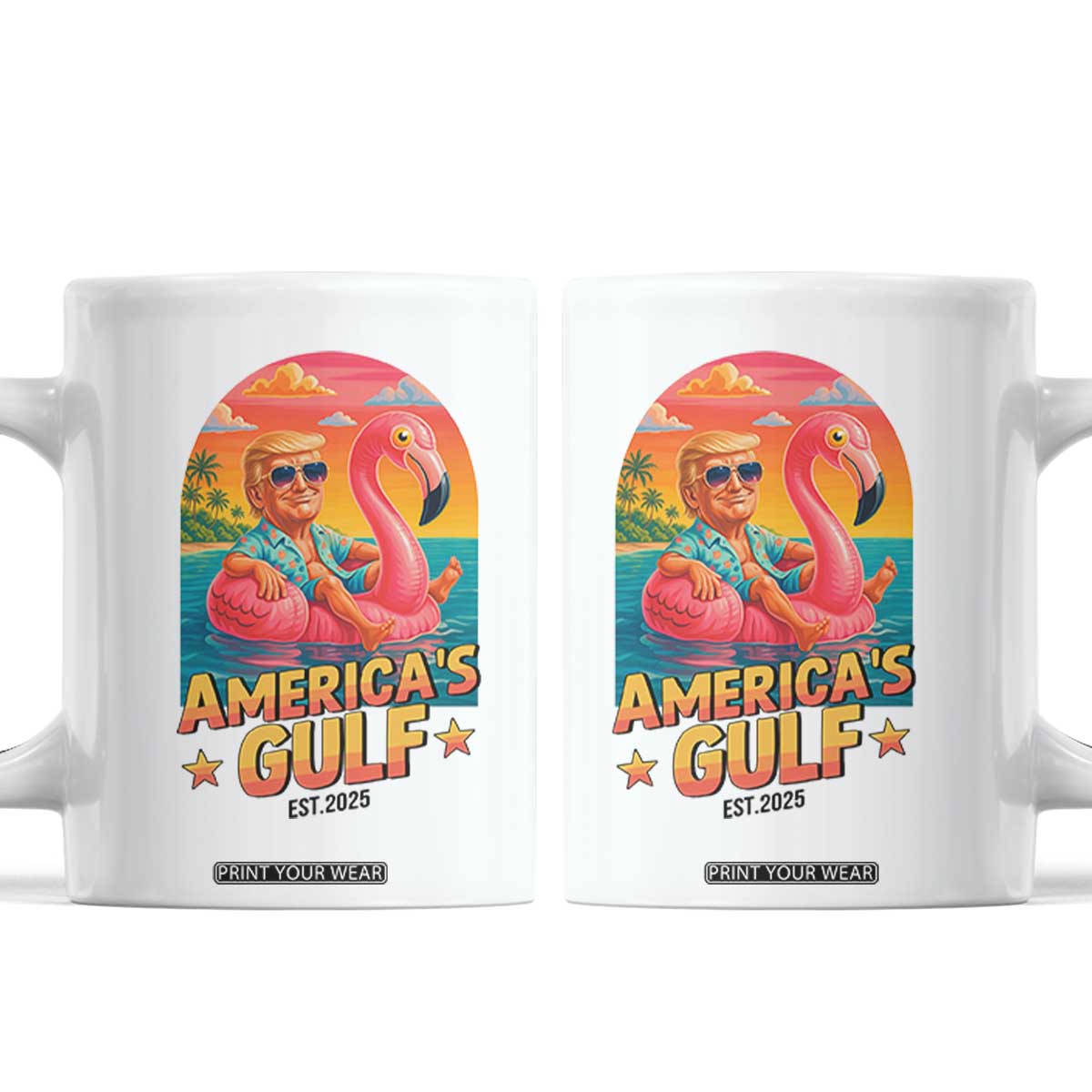 Americas Gulf Est 2025 Coffee Mug Funny Trump Flamingo Float Patriotic Beach TS02 White Print Your Wear