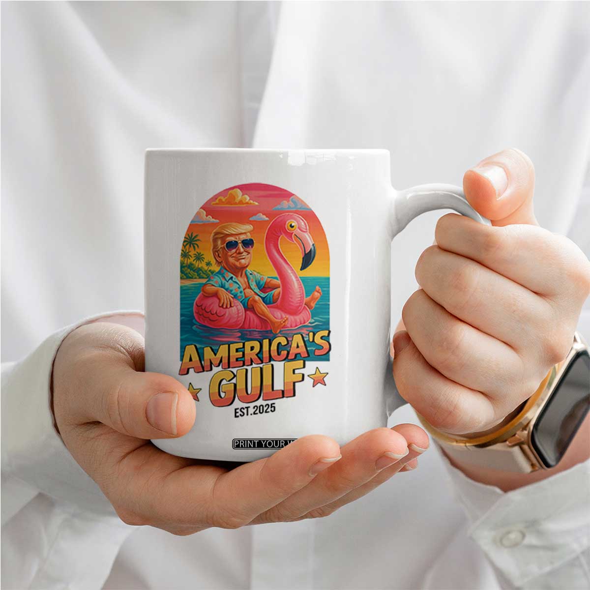 Americas Gulf Est 2025 Coffee Mug Funny Trump Flamingo Float Patriotic Beach TS02 Print Your Wear