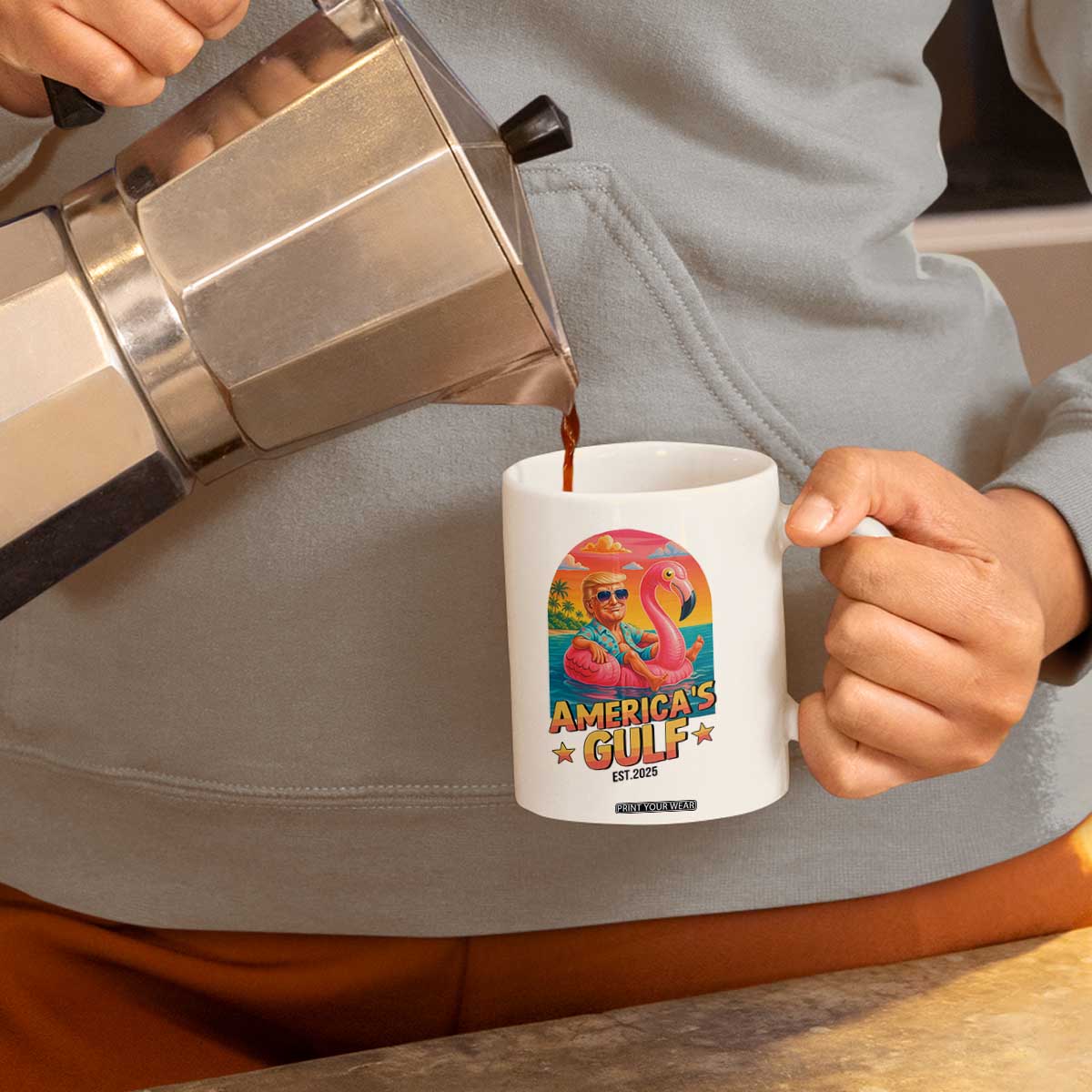 Americas Gulf Est 2025 Coffee Mug Funny Trump Flamingo Float Patriotic Beach TS02 Print Your Wear
