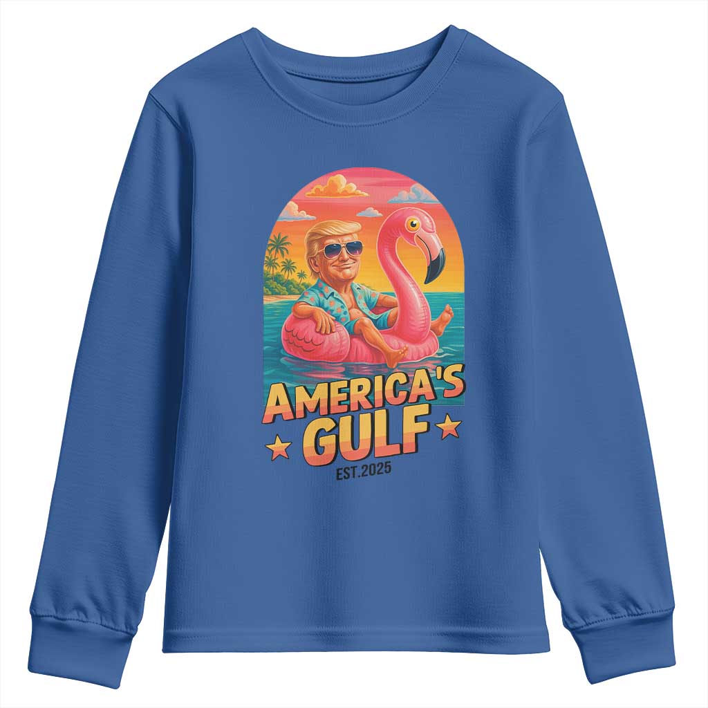 Americas Gulf Est 2025 Youth Sweatshirt Funny Trump Flamingo Float Patriotic Beach TS02 Royal Blue Print Your Wear