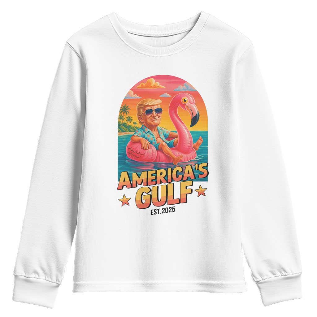 Americas Gulf Est 2025 Youth Sweatshirt Funny Trump Flamingo Float Patriotic Beach TS02 White Print Your Wear