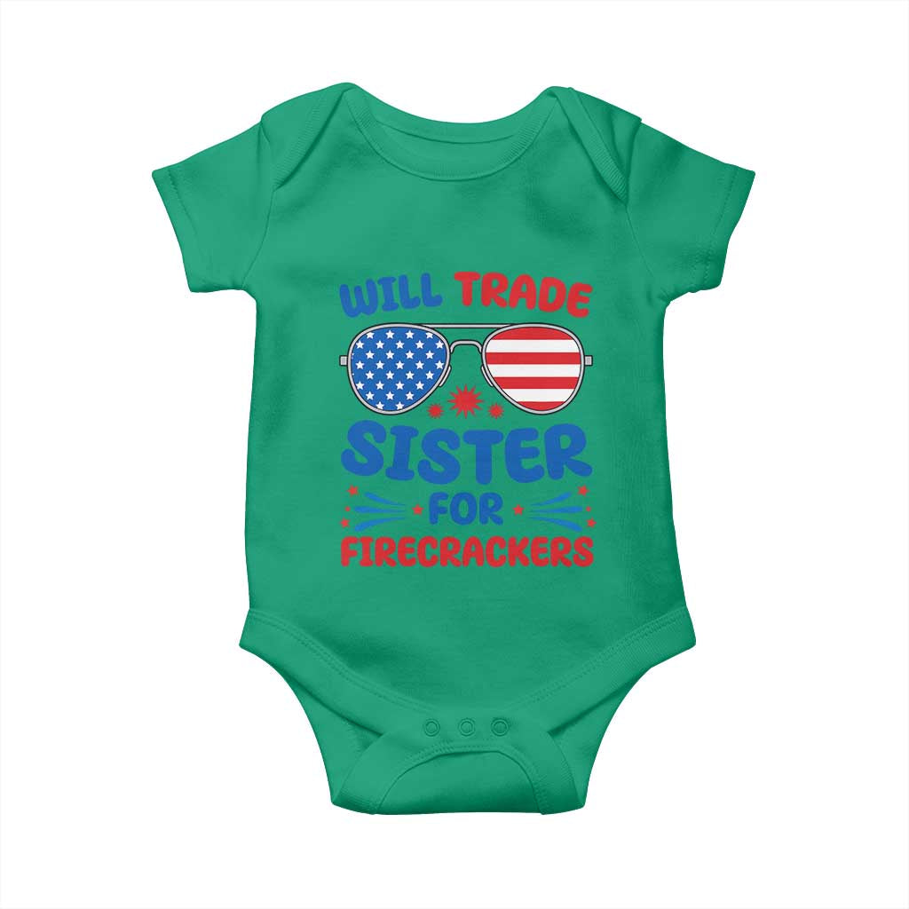 Will Trade Sister for Firecrackers Baby Onesie Funny 4th of July Patriotic Humor TS02 Irish Green Print Your Wear