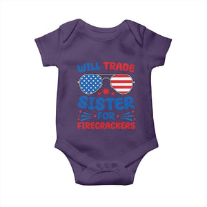 Will Trade Sister for Firecrackers Baby Onesie Funny 4th of July Patriotic Humor TS02 Purple Print Your Wear