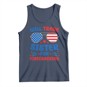 Will Trade Sister for Firecrackers Tank Top Funny 4th of July Patriotic Humor TS02 Navy Print Your Wear