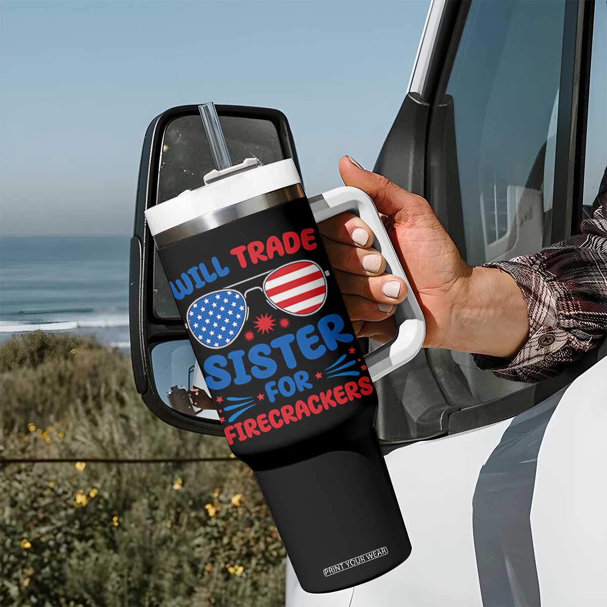 Will Trade Sister for Firecrackers Tumbler With Handle Funny 4th of July Patriotic Humor TS02 Print Your Wear