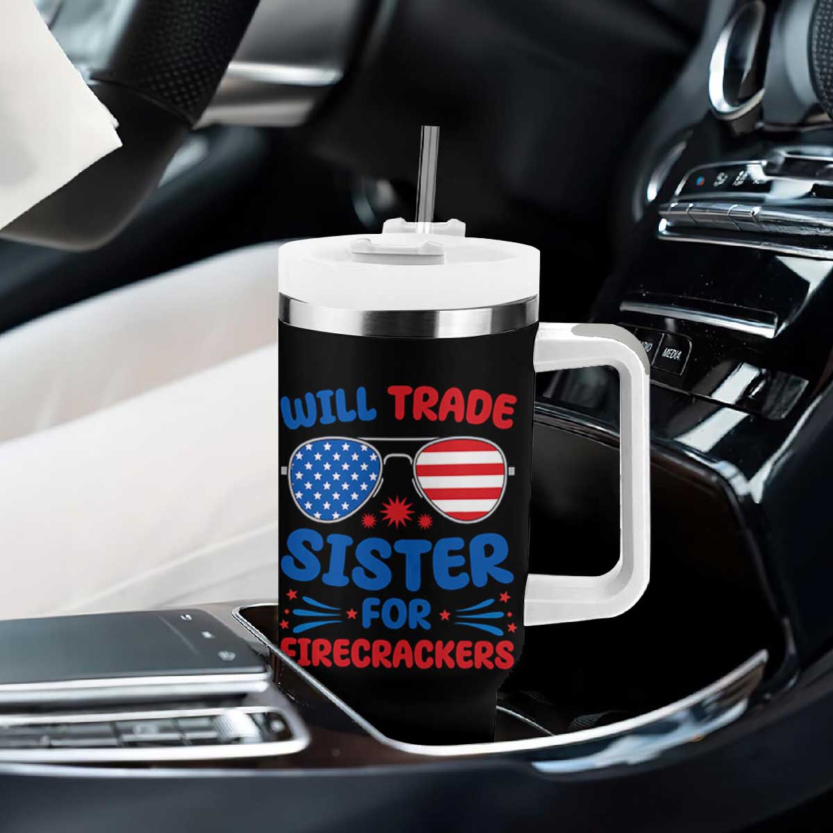 Will Trade Sister for Firecrackers Tumbler With Handle Funny 4th of July Patriotic Humor TS02 Print Your Wear