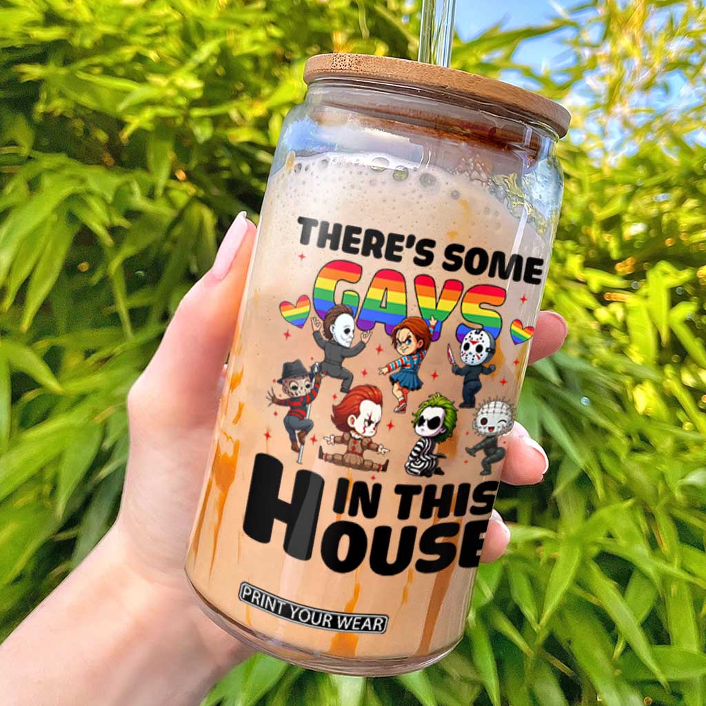 There's Some Gays in This House Glass Can Funny LGBTQ+ Horror Character Pride Mashup TS02 White Print Your Wear